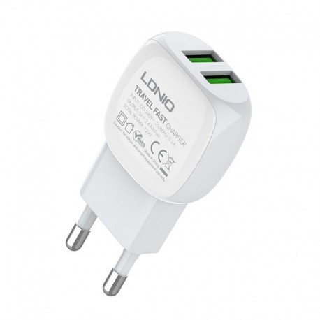 Kućni punjač za iPhone lightning (2,4A | 12W | 2xUSB) Ldnio A2218 bela